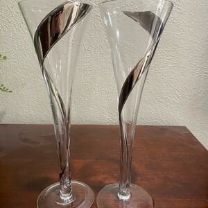 Set of 2, Crystal Champagne Flutes Featuring  Silver embedded SwirlStripe Design